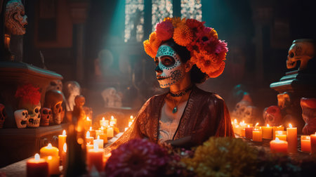 Concept illustration of beautiful woman in traditional mexican costume and bright make-up decorated with flowers and patterns for the day of the dead. Generative AIの素材