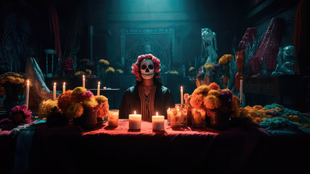 Concept illustration of beautiful woman in traditional mexican costume and bright make-up decorated with flowers and patterns for the day of the dead. Generative AIの素材