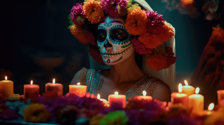 Concept illustration of beautiful woman in traditional mexican costume and bright make-up decorated with flowers and patterns for the day of the dead. Generative AIの素材