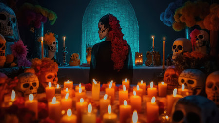 Concept illustration of beautiful woman in traditional mexican costume and bright make-up decorated with flowers and patterns for the day of the dead. Generative AIの素材