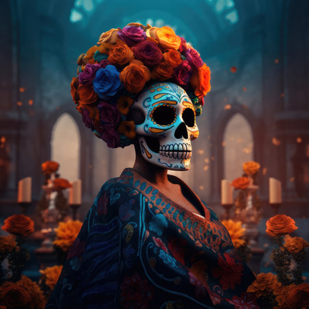 Concept illustration of beautiful woman in traditional mexican costume and bright make-up decorated with flowers and patterns for the day of the dead. Generative AIの素材