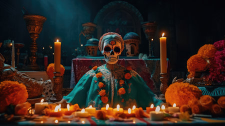 Concept illustration of beautiful woman in traditional mexican costume and bright make-up decorated with flowers and patterns for the day of the dead. Generative AIの素材