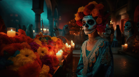 Concept illustration of beautiful woman in traditional mexican costume and bright make-up decorated with flowers and patterns for the day of the dead. Generative AIの素材