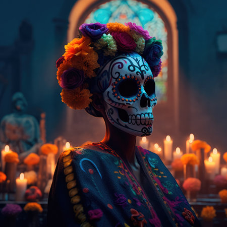 Concept illustration of beautiful woman in traditional mexican costume and bright make-up decorated with flowers and patterns for the day of the dead. Generative AIの素材