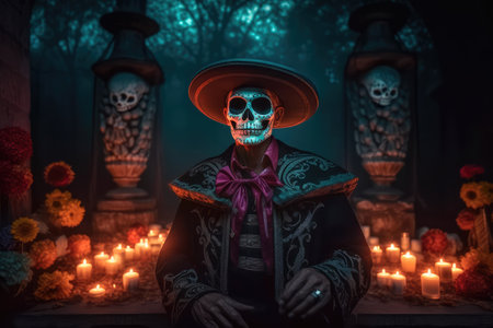Concept illustration of a man dressed up in a costume made in the traditional Mexican style for the celebration of the Mexican Day of the Dead. Generative AIの素材
