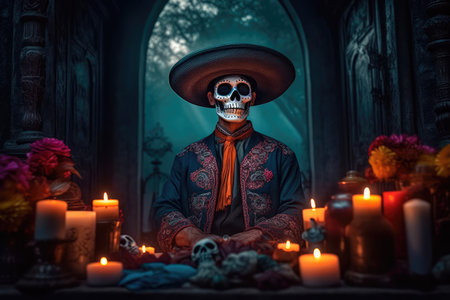 Concept illustration of a man dressed up in a costume made in the traditional Mexican style for the celebration of the Mexican Day of the Dead. Generative AIの素材