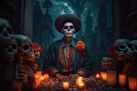 Concept illustration of a man dressed up in a costume made in the traditional Mexican style for the celebration of the Mexican Day of the Dead. Generative AIの素材