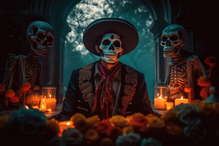 Concept illustration of a man dressed up in a costume made in the traditional Mexican style for the celebration of the Mexican Day of the Dead. Generative AIの素材