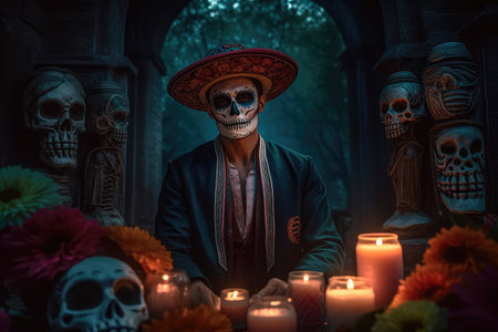 Concept illustration of a man dressed up in a costume made in the traditional Mexican style for the celebration of the Mexican Day of the Dead. Generative AIの素材
