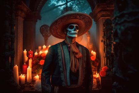 Concept illustration of a man dressed up in a costume made in the traditional Mexican style for the celebration of the Mexican Day of the Dead. Generative AIの素材