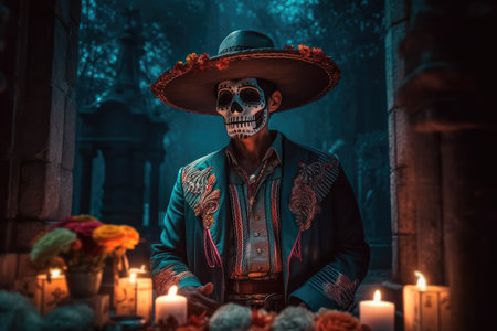 Concept illustration of a man dressed up in a costume made in the traditional Mexican style for the celebration of the Mexican Day of the Dead. Generative AIの素材