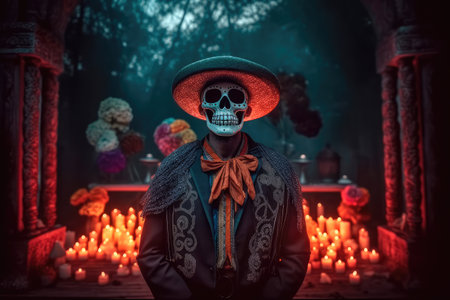 Concept illustration of a man dressed up in a costume made in the traditional Mexican style for the celebration of the Mexican Day of the Dead. Generative AIの素材