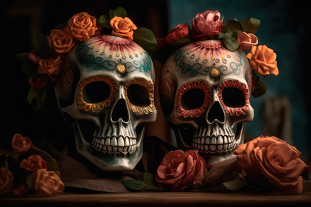 Concept illustration of on the altar, decorated with flowers in honor of the Mexican Day of the Dead, are two Mexican-style skulls. Generative AIの素材