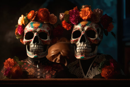 Concept illustration of on the altar, decorated with flowers in honor of the Mexican Day of the Dead, are two Mexican-style skulls. Generative AIの素材
