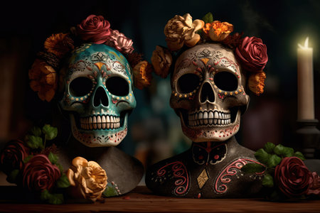 Concept illustration of on the altar, decorated with flowers in honor of the Mexican Day of the Dead, are two Mexican-style skulls. Generative AIの素材