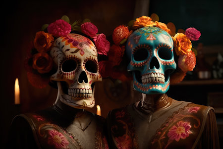 Concept illustration of on the altar, decorated with flowers in honor of the Mexican Day of the Dead, are two Mexican-style skulls. Generative AIの素材