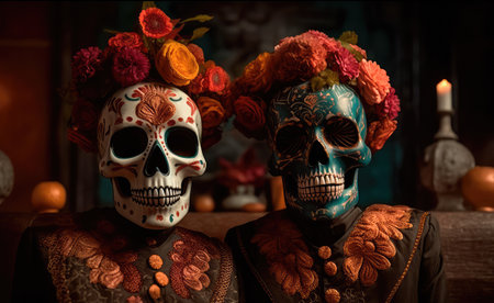 Concept illustration of on the altar, decorated with flowers in honor of the Mexican Day of the Dead, are two Mexican-style skulls. Generative AIの素材