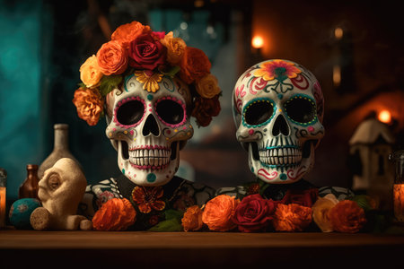 Concept illustration of on the altar, decorated with flowers in honor of the Mexican Day of the Dead, are two Mexican-style skulls. Generative AIの素材