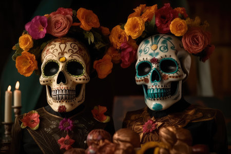 Concept illustration of on the altar, decorated with flowers in honor of the Mexican Day of the Dead, are two Mexican-style skulls. Generative AIの素材