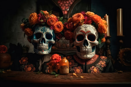 Concept illustration of on the altar, decorated with flowers in honor of the Mexican Day of the Dead, are two Mexican-style skulls. Generative AIの素材