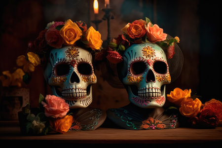 Concept illustration of on the altar, decorated with flowers in honor of the Mexican Day of the Dead, are two Mexican-style skulls. Generative AIの素材
