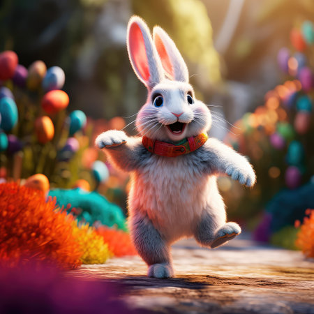 Concept illustration of a big and cute Easter bunny runs through a fantastic magical world decorated with Easter eggs. Generative AIの素材