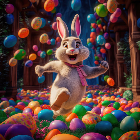 Concept illustration of a big and cute Easter bunny runs through a fantastic magical world decorated with Easter eggs. Generative AIの素材