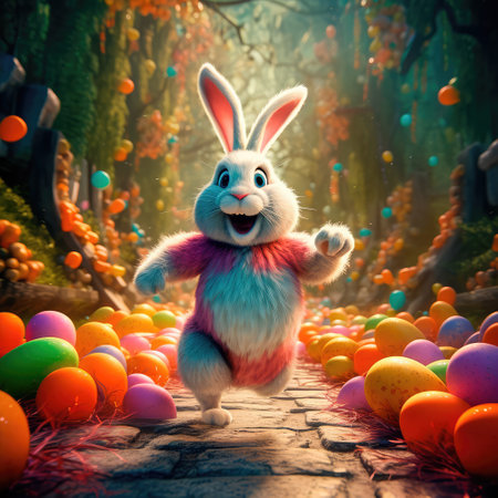 Concept illustration of a big and cute Easter bunny runs through a fantastic magical world decorated with Easter eggs. Generative AIの素材