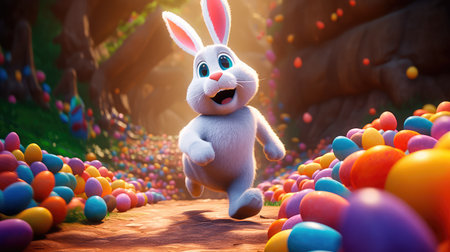 Concept illustration of a big and cute Easter bunny runs through a fantastic magical world decorated with Easter eggs. Generative AIの素材