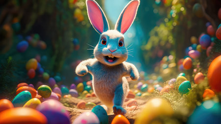 Concept illustration of a big and cute Easter bunny runs through a fantastic magical world decorated with Easter eggs. Generative AIの素材