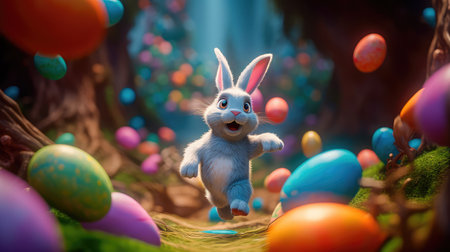 Concept illustration of a big and cute Easter bunny runs through a fantastic magical world decorated with Easter eggs. Generative AIの素材