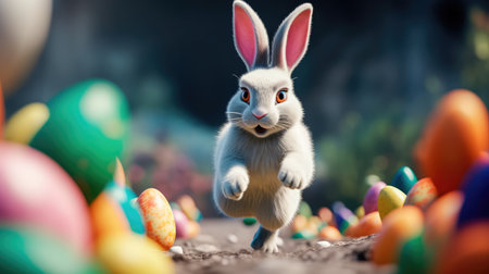 Concept illustration of a big and cute Easter bunny runs through a fantastic magical world decorated with Easter eggs. Generative AIの素材