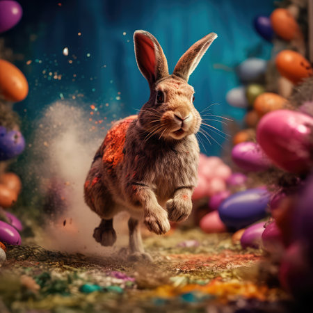 Concept illustration of a big and cute Easter bunny runs through a fantastic magical world decorated with Easter eggs. Generative AIの素材