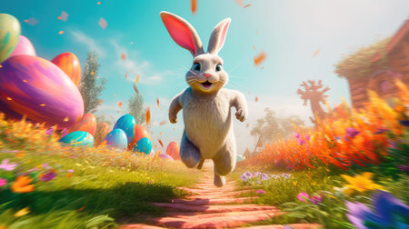 Concept illustration of a big and cute Easter bunny runs through a fantastic magical world decorated with Easter eggs. Generative AIの素材