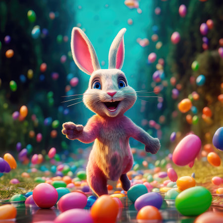 Concept illustration of a big and cute Easter bunny runs through a fantastic magical world decorated with Easter eggs. Generative AIの素材