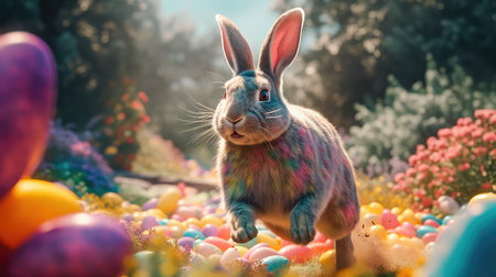 Concept illustration of a big and cute Easter bunny runs through a fantastic magical world decorated with Easter eggs. Generative AIの素材