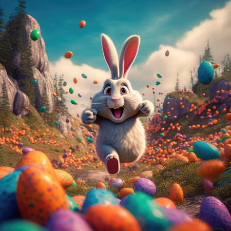 Concept illustration of a big and cute Easter bunny runs through a fantastic magical world decorated with Easter eggs. Generative AIの素材