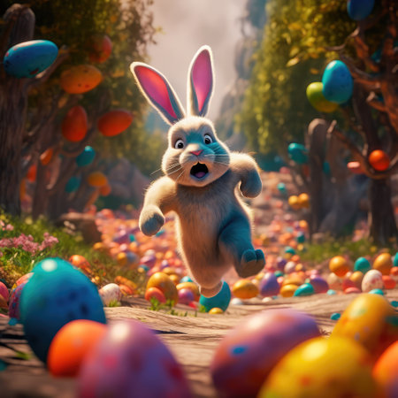 Concept illustration of a big and cute Easter bunny runs through a fantastic magical world decorated with Easter eggs. Generative AIの素材
