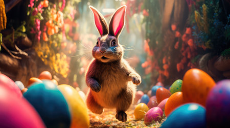 Concept illustration of a big and cute Easter bunny runs through a fantastic magical world decorated with Easter eggs. Generative AIの素材