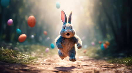 Concept illustration of a big and cute Easter bunny runs through a fantastic magical world decorated with Easter eggs. Generative AIの素材