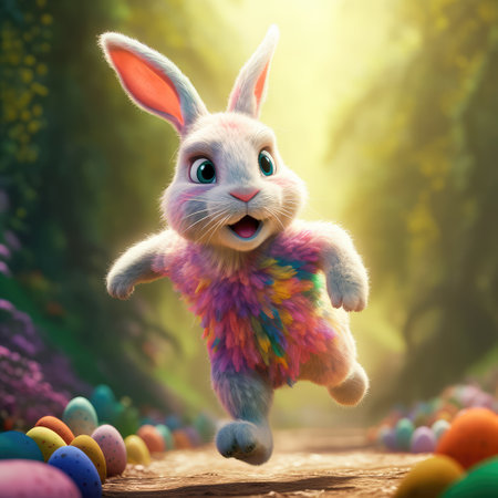 Concept illustration of a big and cute Easter bunny runs through a fantastic magical world decorated with Easter eggs. Generative AIの素材