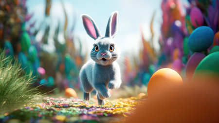 Concept illustration of a big and cute Easter bunny runs through a fantastic magical world decorated with Easter eggs. Generative AIの素材