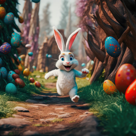 Concept illustration of a big and cute Easter bunny runs through a fantastic magical world decorated with Easter eggs. Generative AIの素材