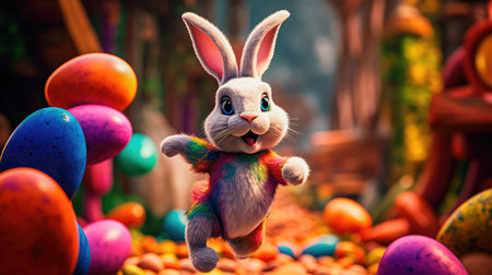 Concept illustration of a big and cute Easter bunny runs through a fantastic magical world decorated with Easter eggs. Generative AIの素材