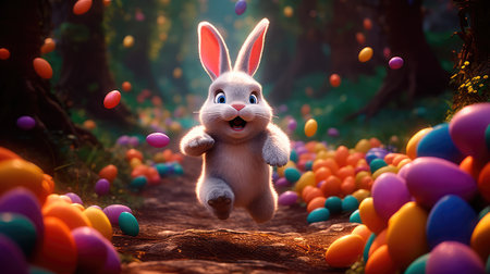 Concept illustration of a big and cute Easter bunny runs through a fantastic magical world decorated with Easter eggs. Generative AIの素材