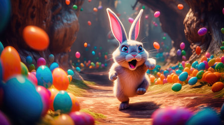 Concept illustration of a big and cute Easter bunny runs through a fantastic magical world decorated with Easter eggs. Generative AIの素材