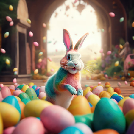 Concept illustration of a big and cute Easter bunny runs through a fantastic magical world decorated with Easter eggs. Generative AIの素材