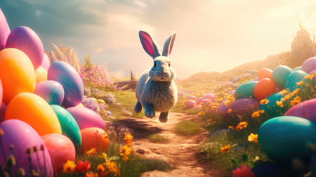 Concept illustration of a big and cute Easter bunny runs through a fantastic magical world decorated with Easter eggs. Generative AIの素材