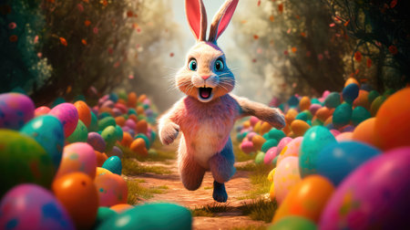Concept illustration of a big and cute Easter bunny runs through a fantastic magical world decorated with Easter eggs. Generative AIの素材