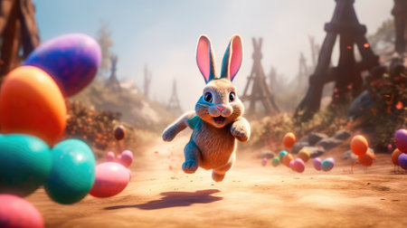 Concept illustration of a big and cute Easter bunny runs through a fantastic magical world decorated with Easter eggs. Generative AIの素材